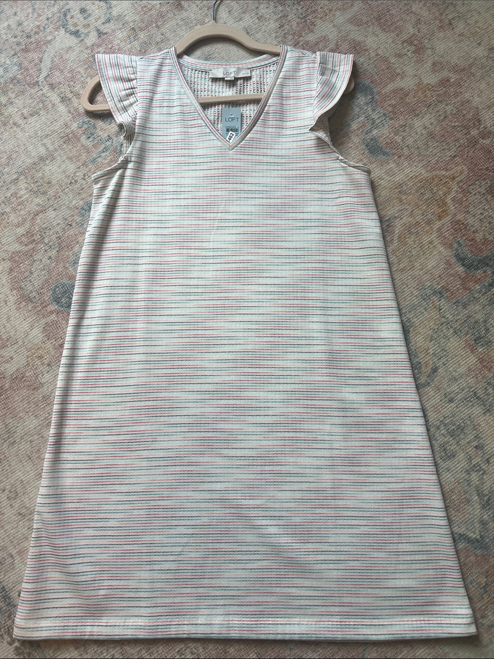 LOFT Cream Dress with Pink Stripes and Flutter Sleeves